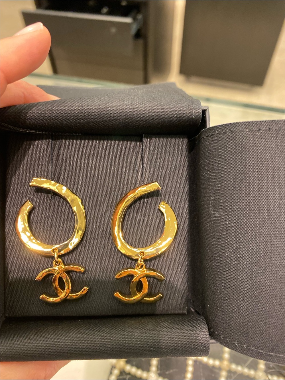 CHANEL Gold-Tone Hammered Hoop Earrings with CC Drop